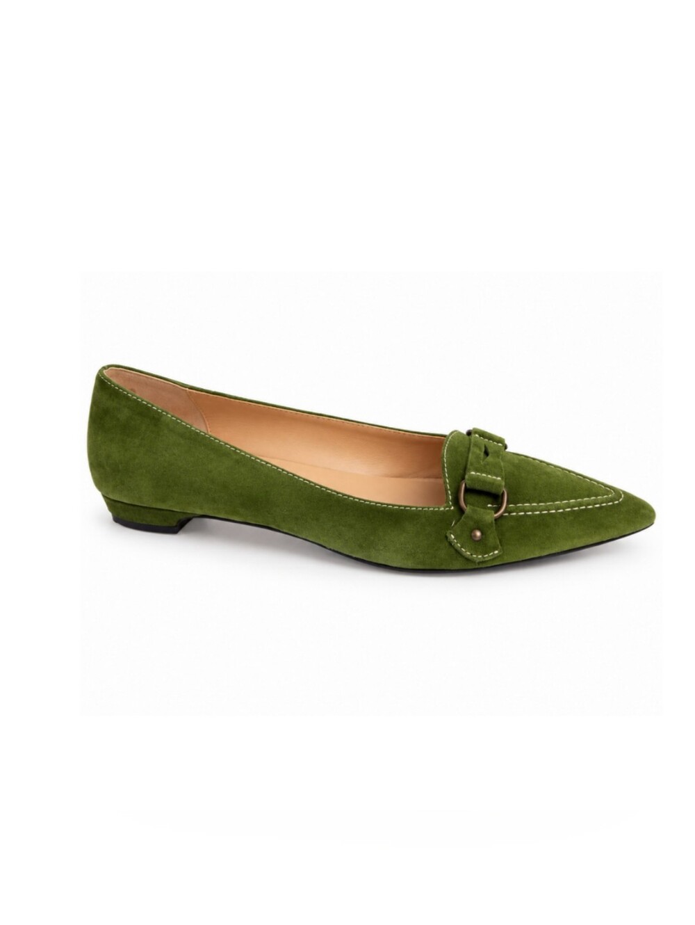 J. CREW Olive Green Suede Loafers Size 8 Pointed Toe Flats Buckle Made In Italy